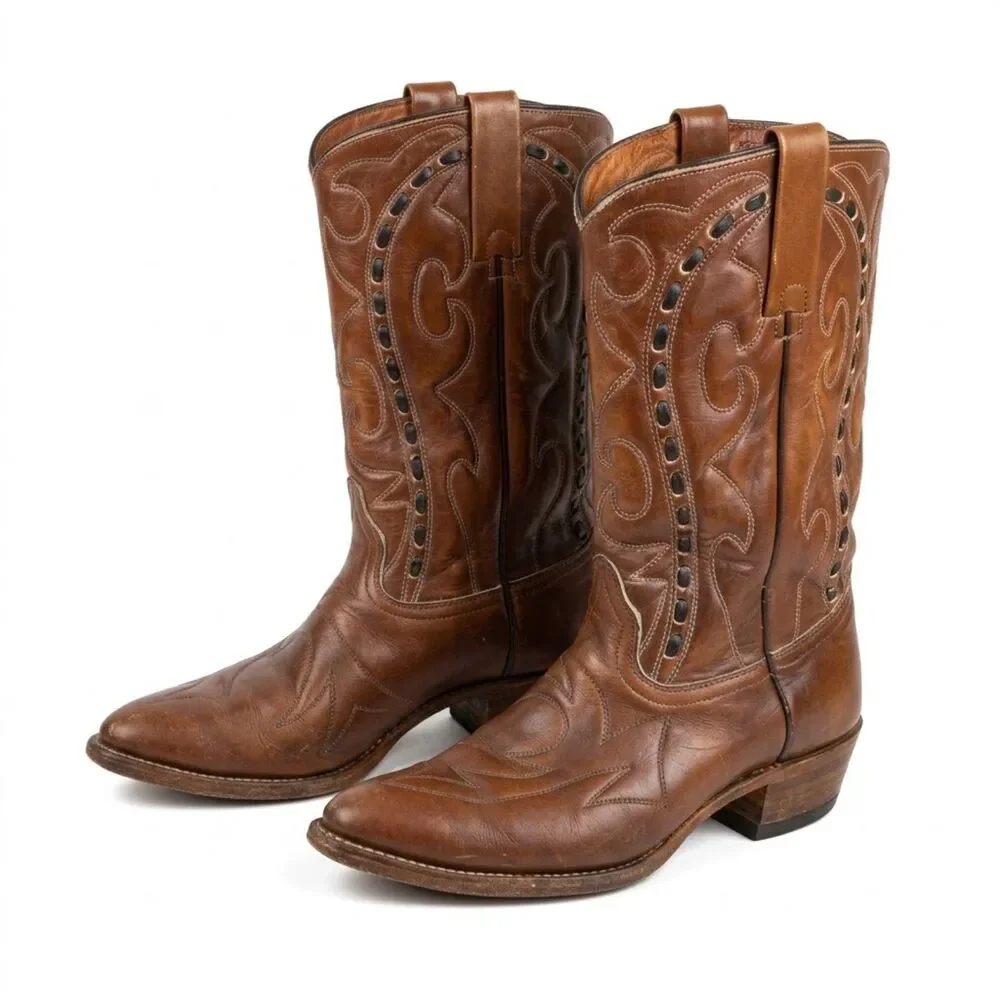 Vintage Durango West Brown Leather Cowboy Boots Mens 8 D 1970s Whipstitch Wester